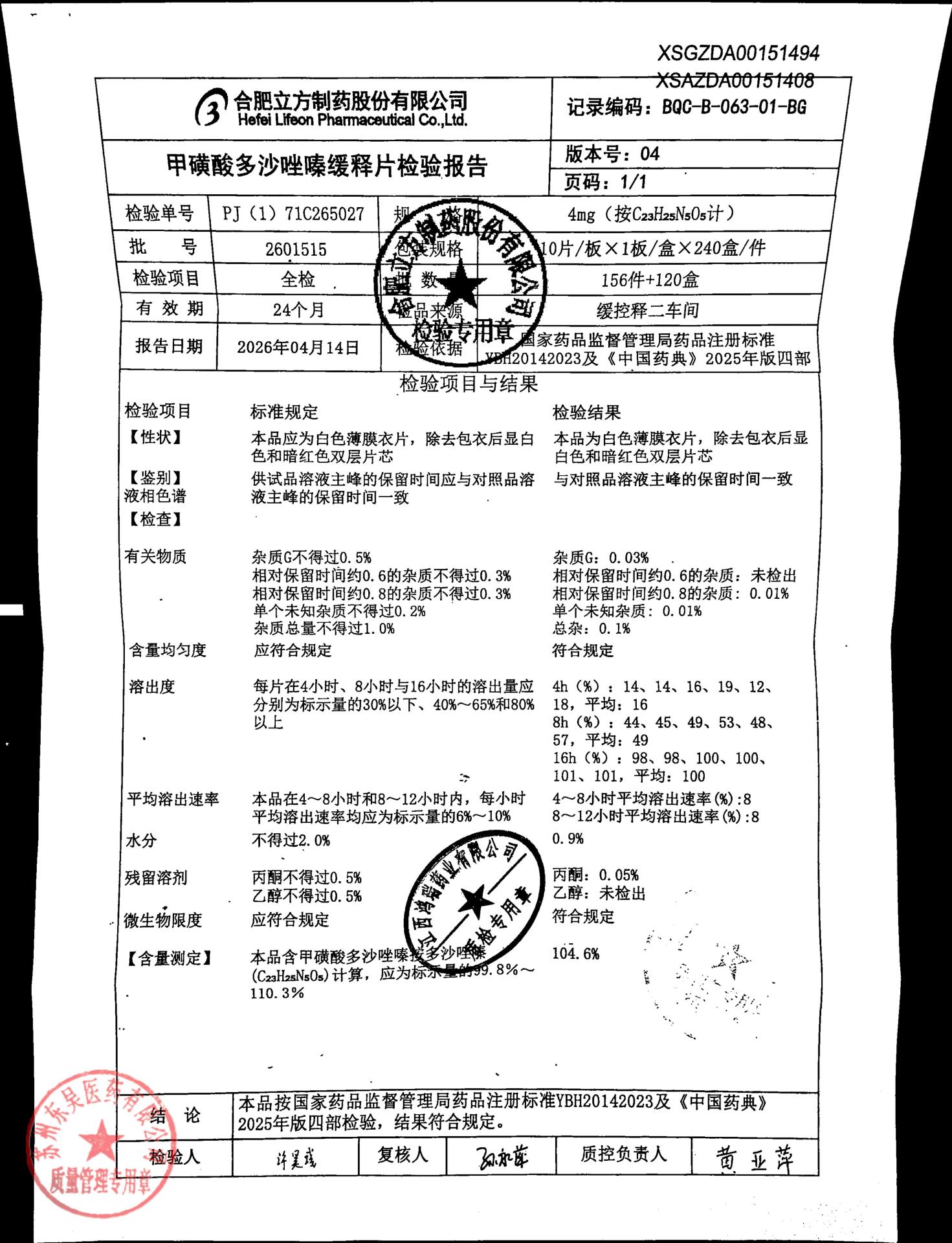 2601515甲磺酸多沙唑嗪缓释片