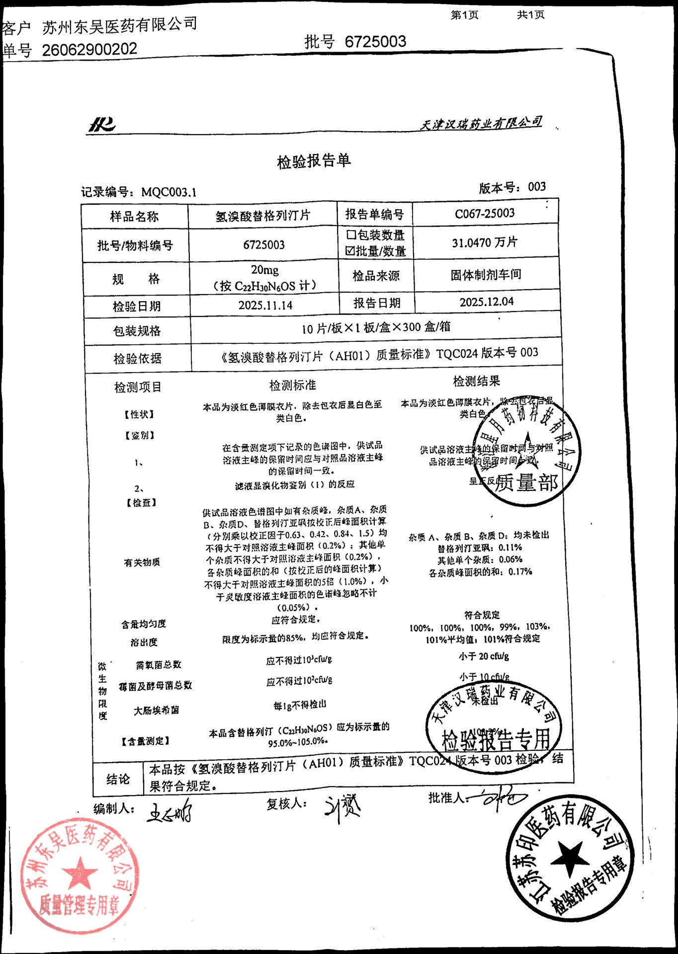 6725003氢溴酸替格列汀片