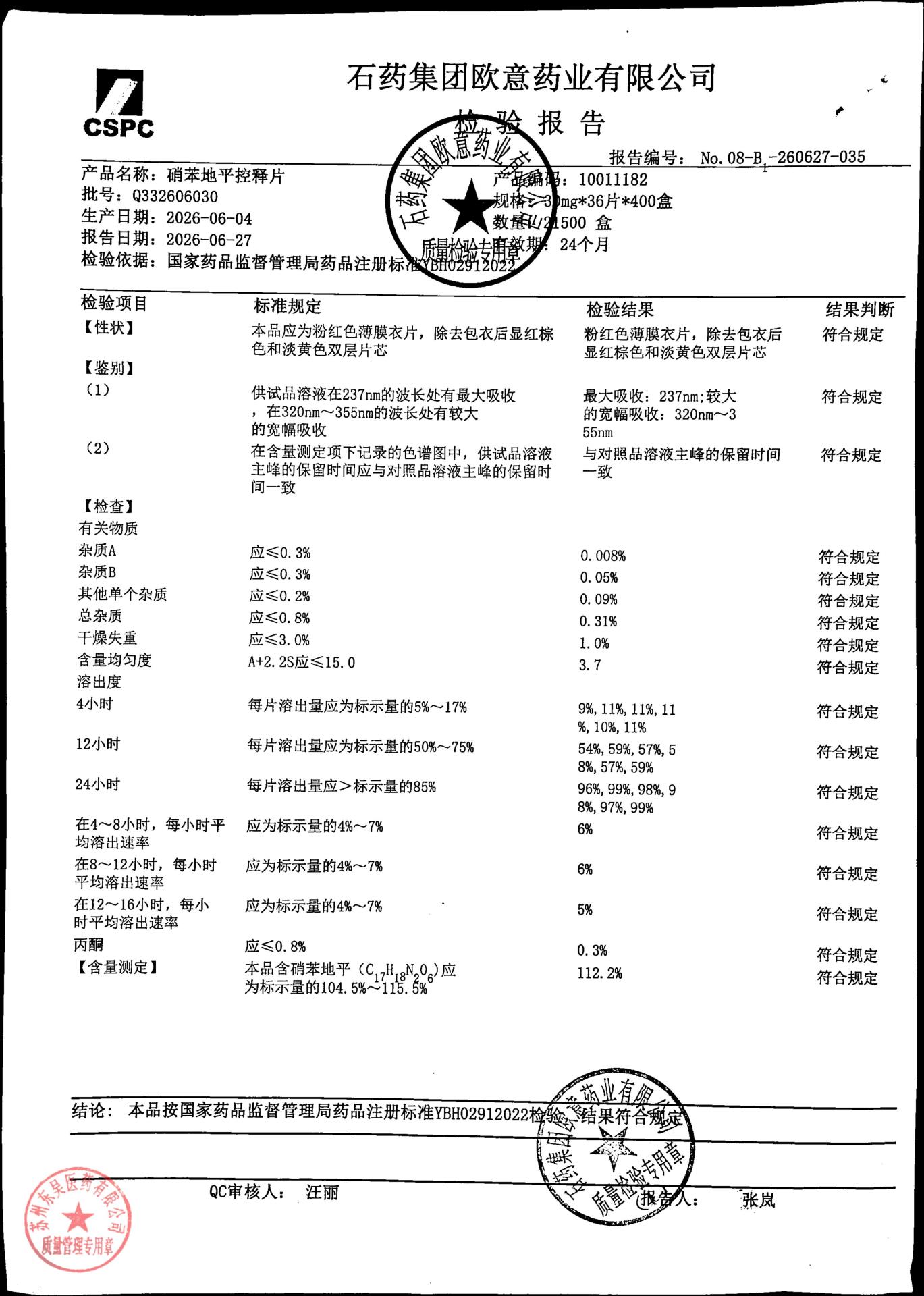 Q332606030硝苯地平控释片