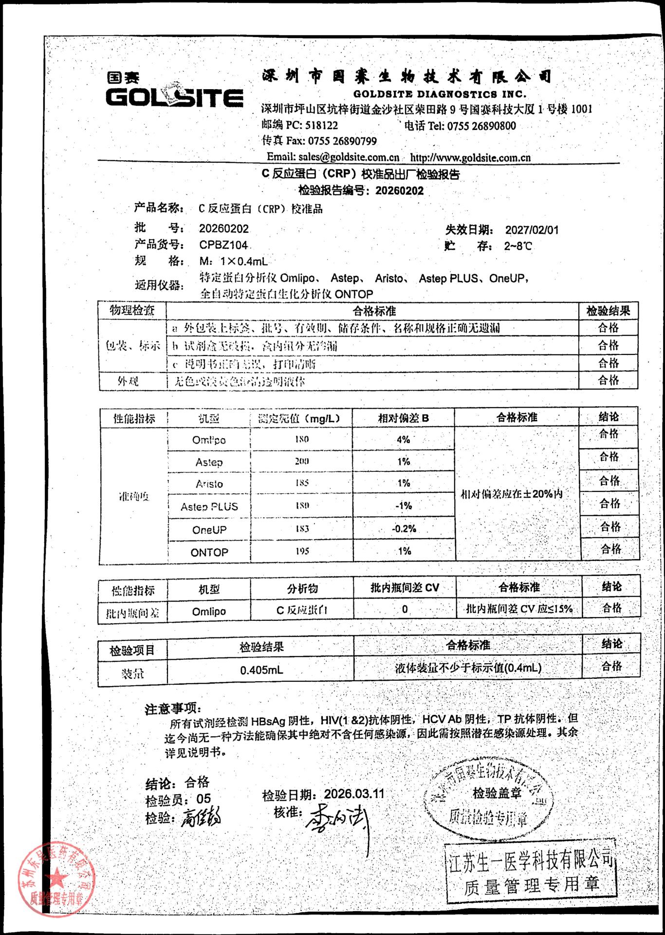 20260202 C反应蛋白（CPR）校准品
