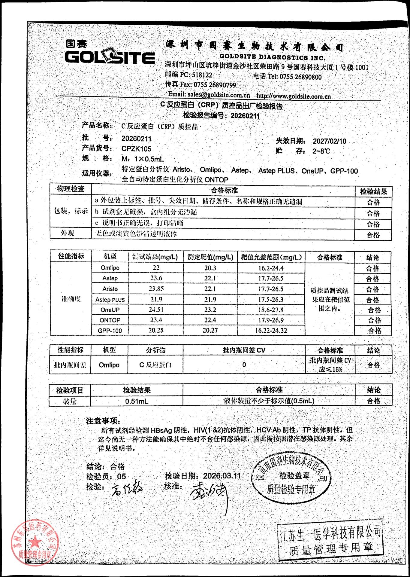 20260211 C反应蛋白（CRP）质控品