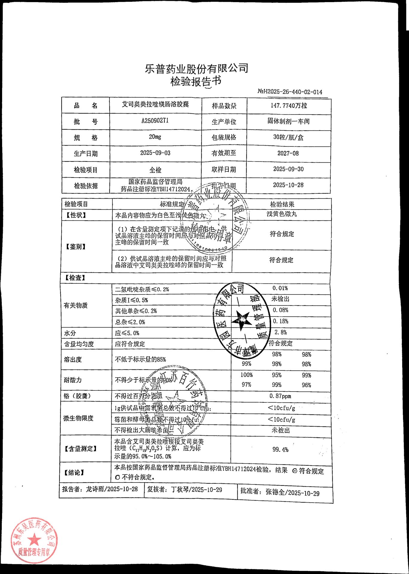 A250902T1艾司奥美拉唑镁肠溶胶囊