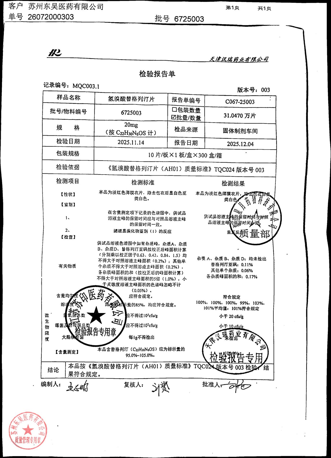 6725003氢溴酸替格列汀片