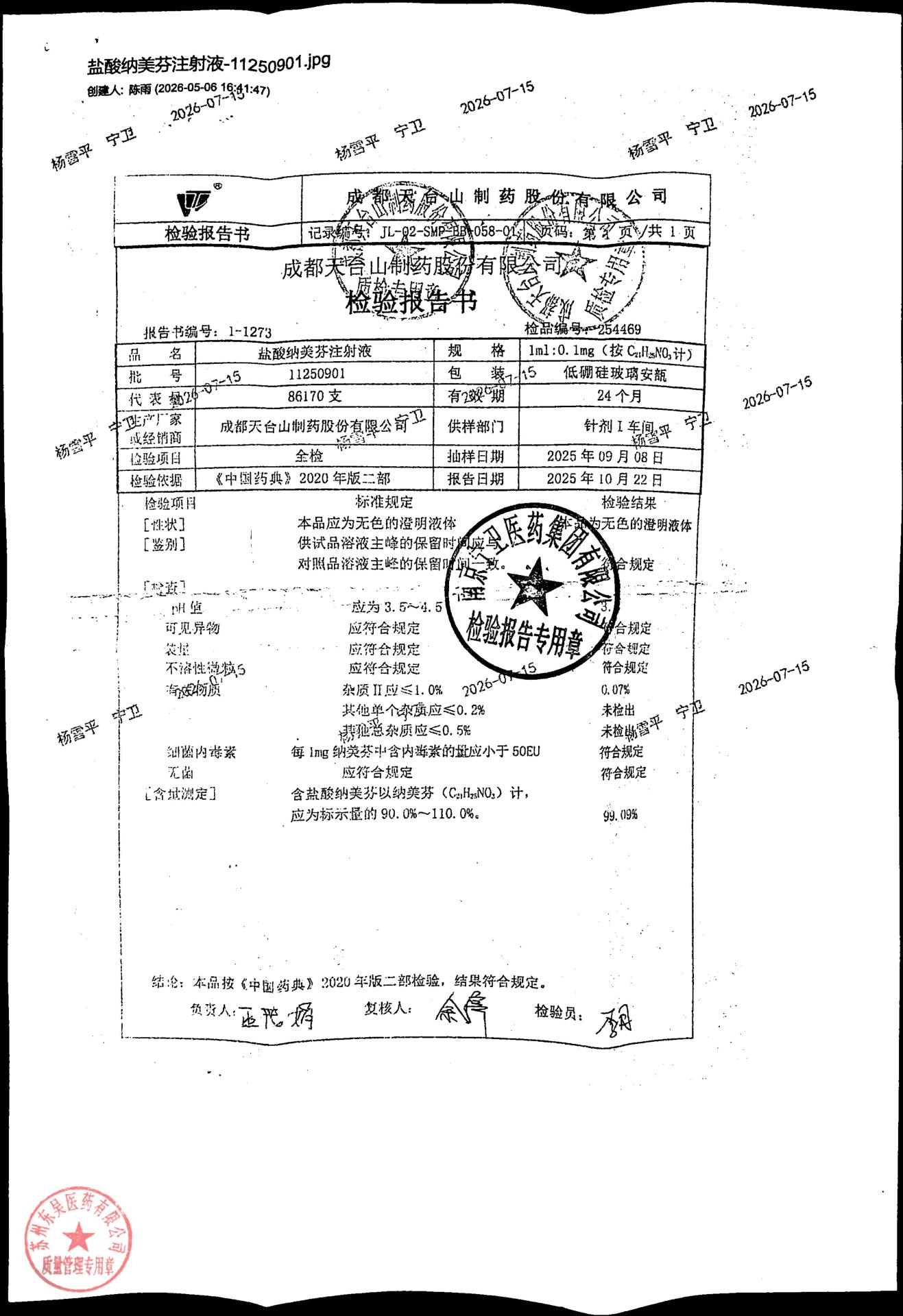 11250901盐酸纳美芬注射液