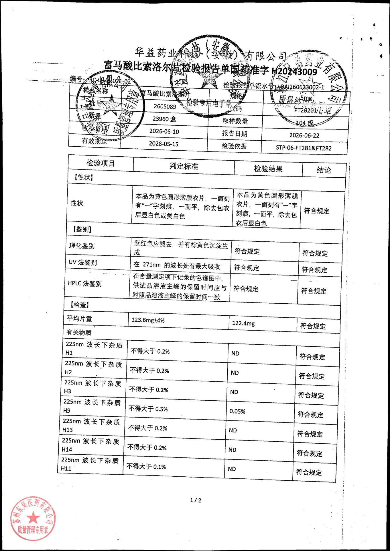 2605089富马酸比索洛尔片1