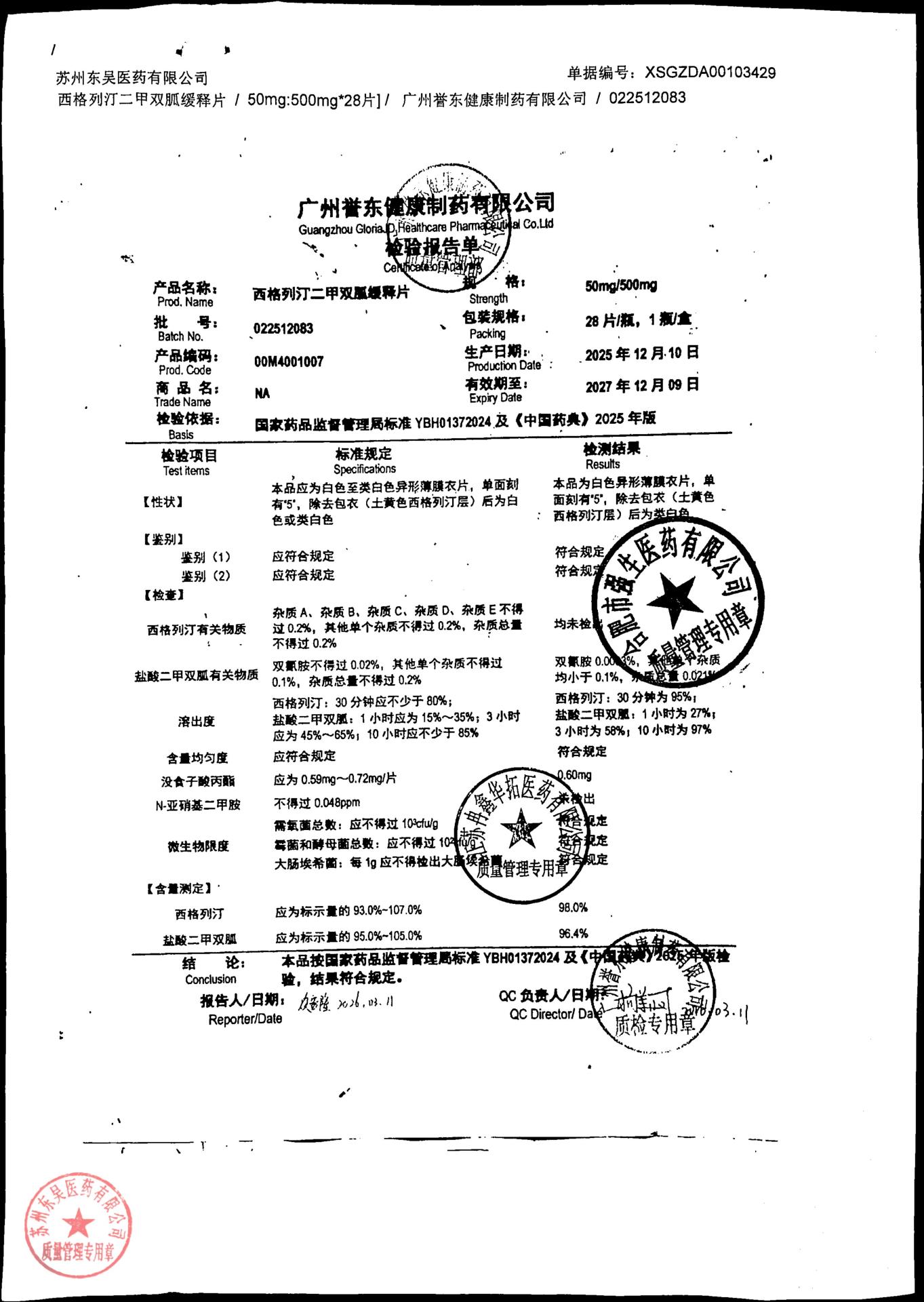 022512083西格列汀二甲双胍缓释片
