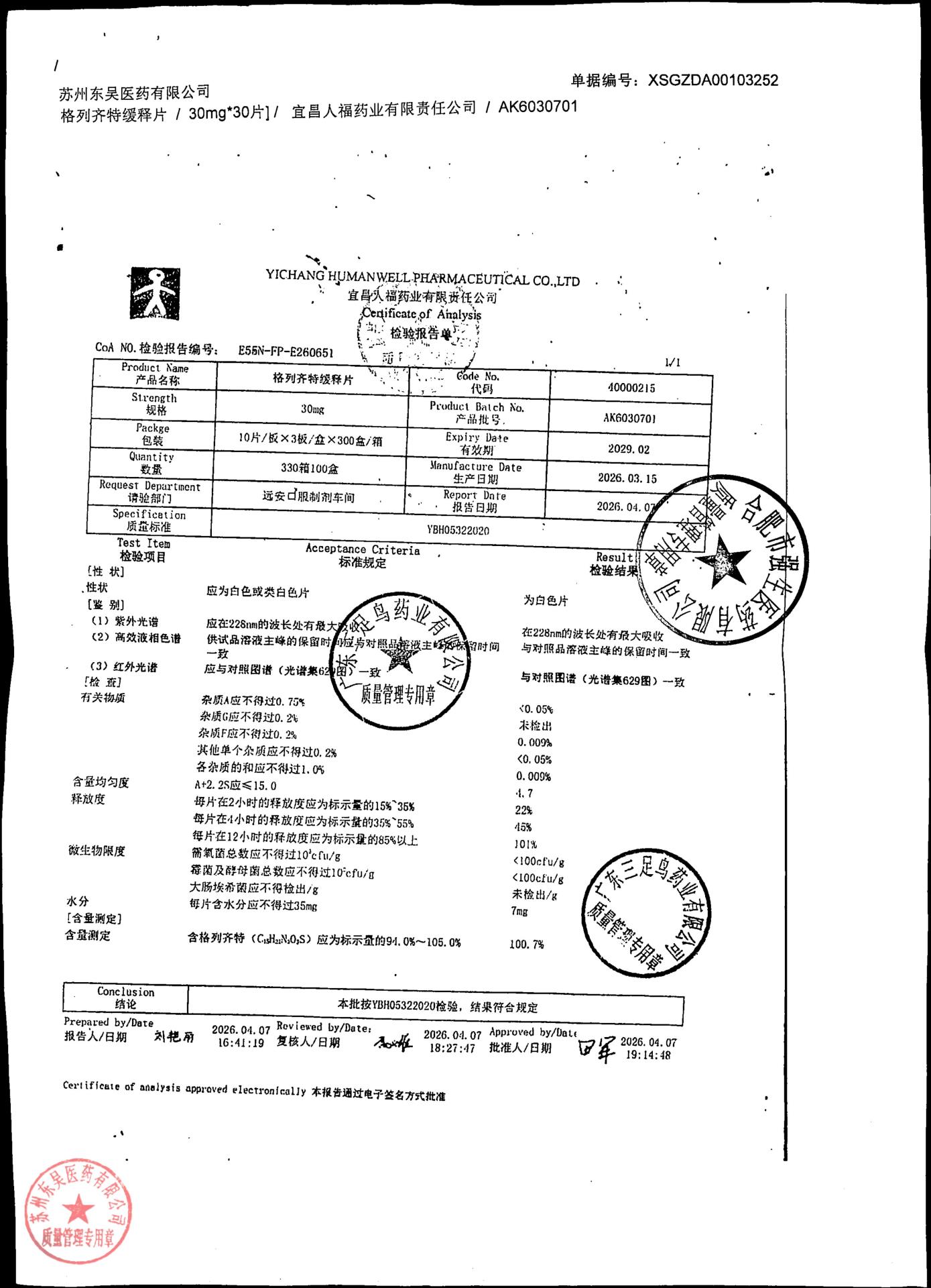 AK6030701格列齐特缓释片