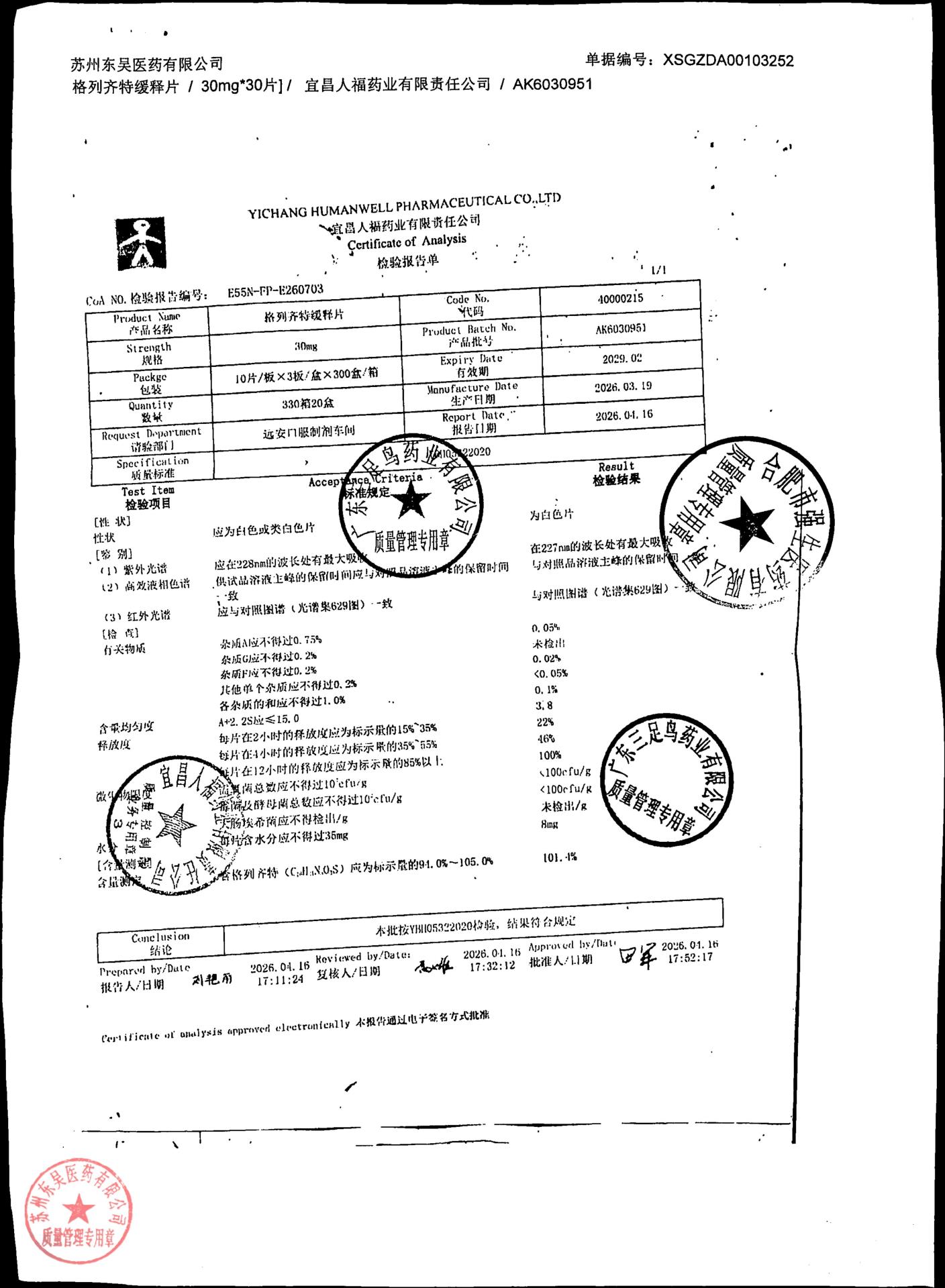 AK6030951格列齐特缓释片