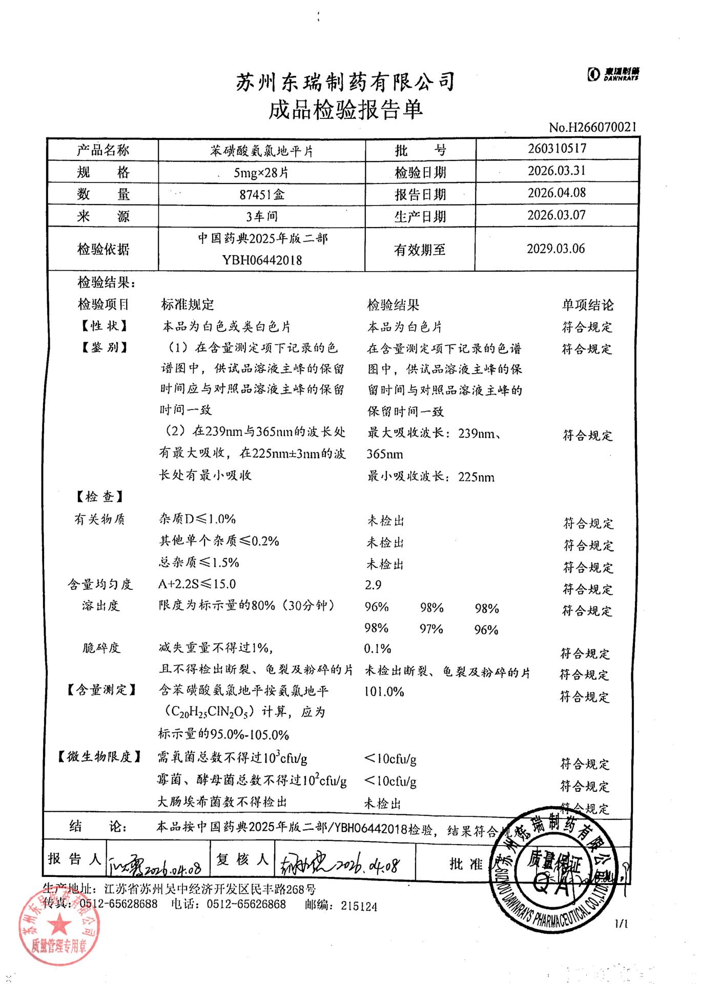 260310517苯磺酸氨氯地平片