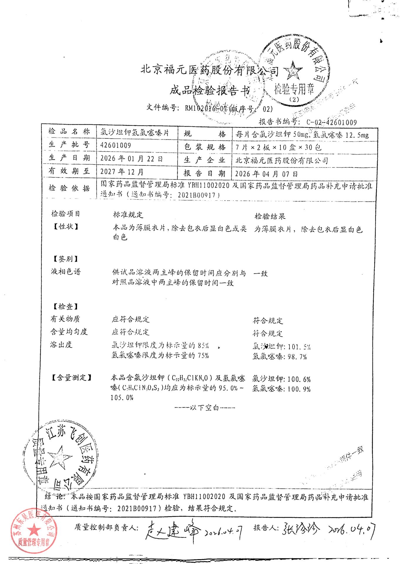 42601009氯沙坦钾氢氯噻嗪片