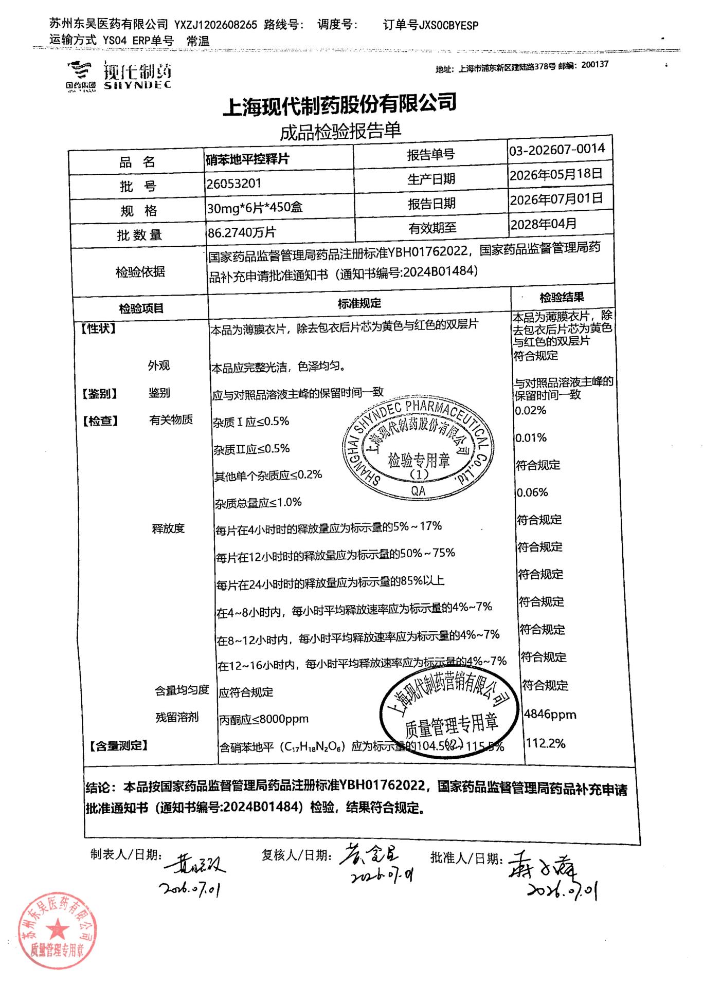 26053201硝苯地平控释片