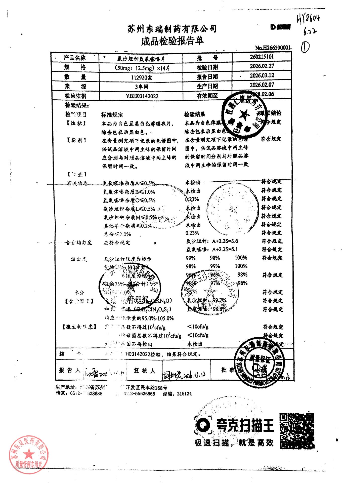 260215101氯沙坦钾氢氯噻嗪片