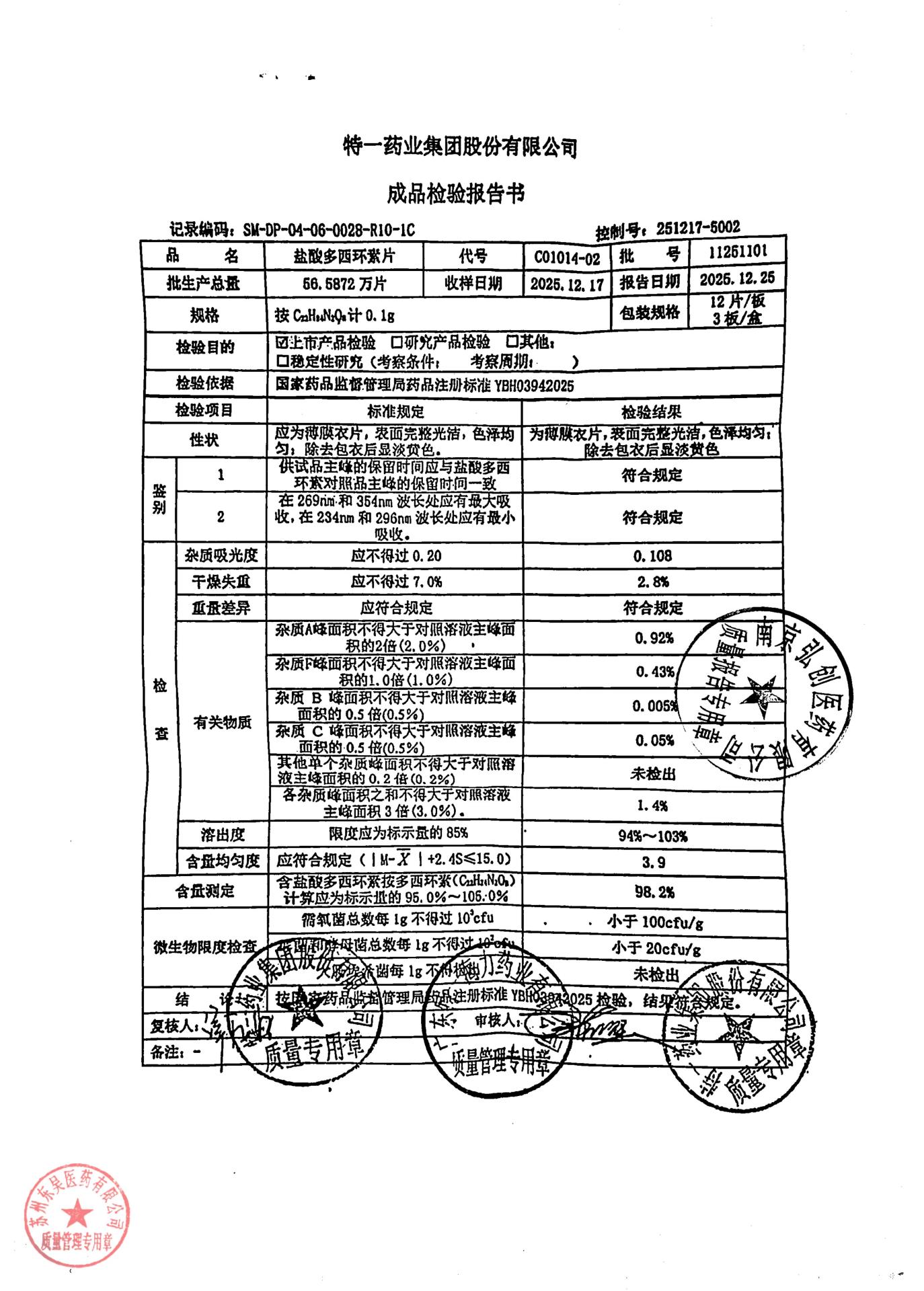 11251101盐酸多西环素片