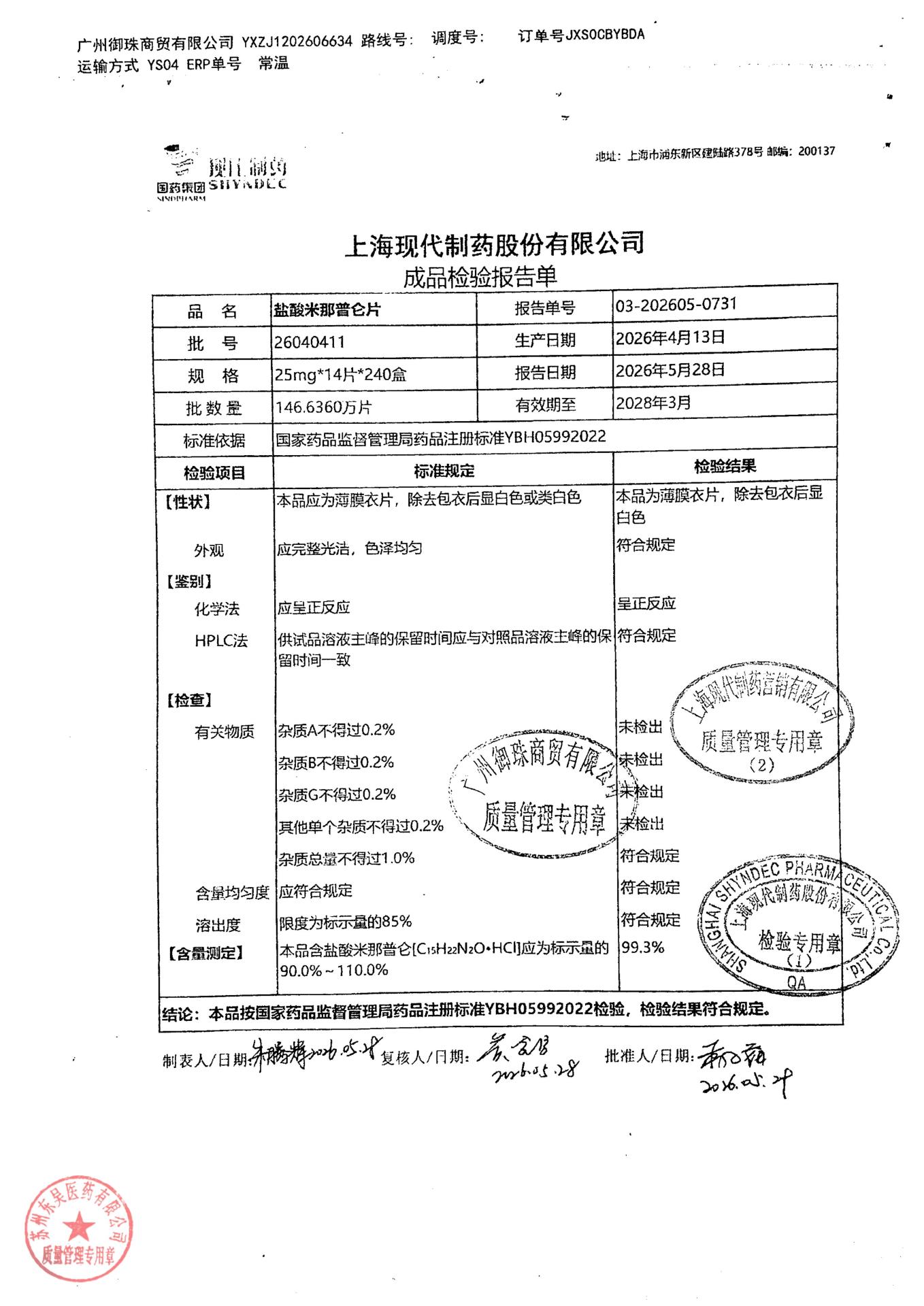 26040411盐酸米那普仑片