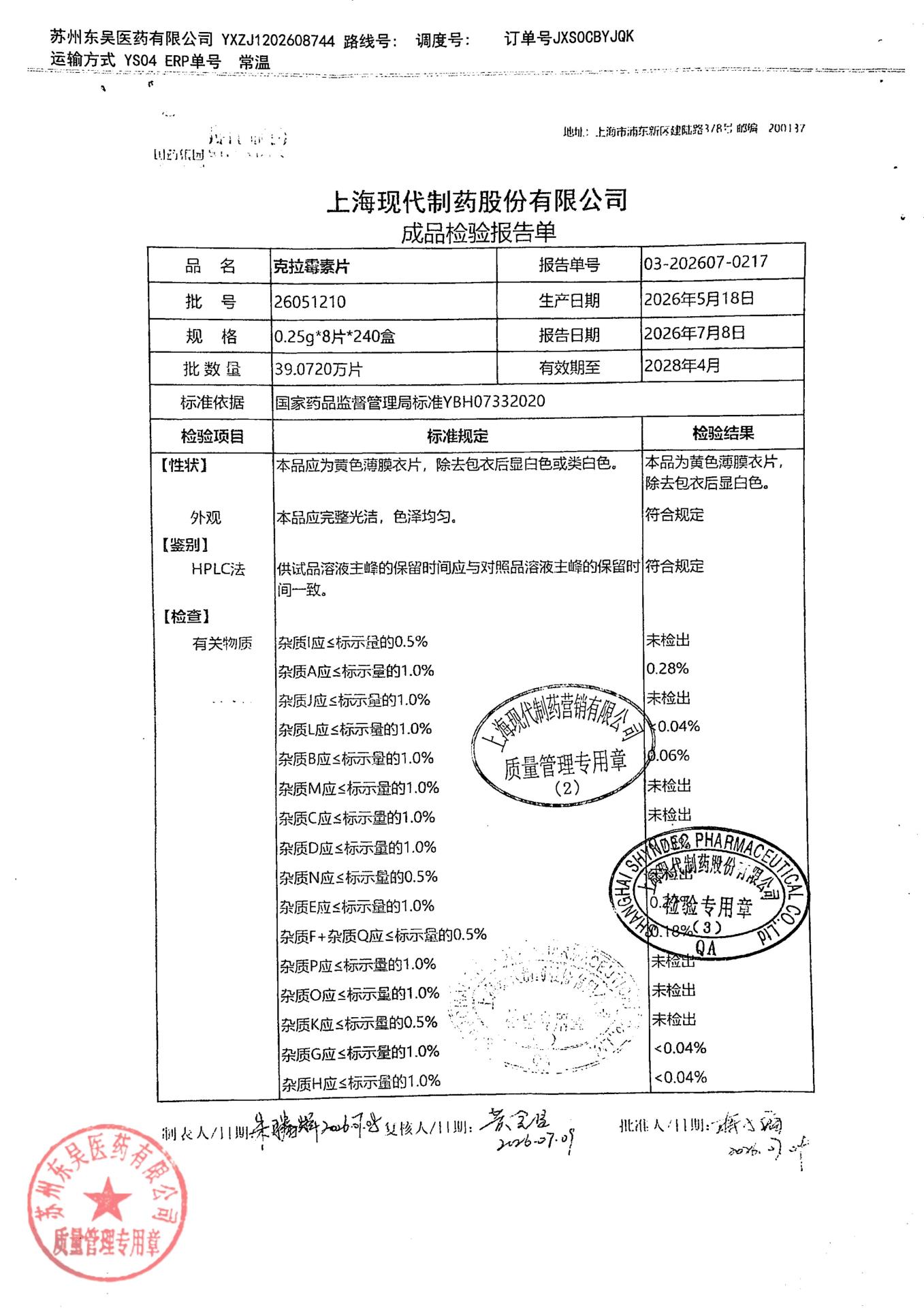 26051210克拉霉素片1