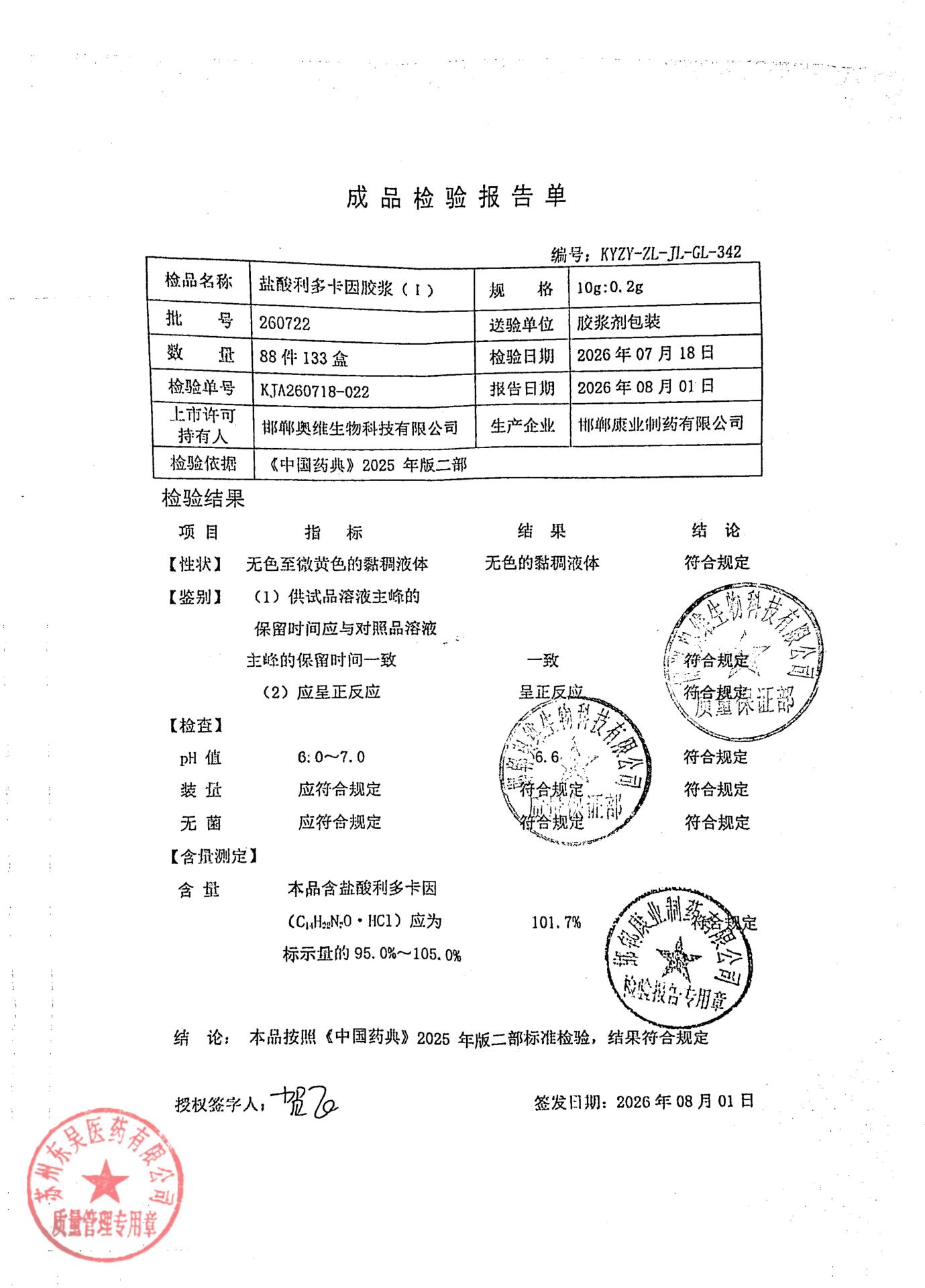 260722盐酸利多卡因胶浆（I）