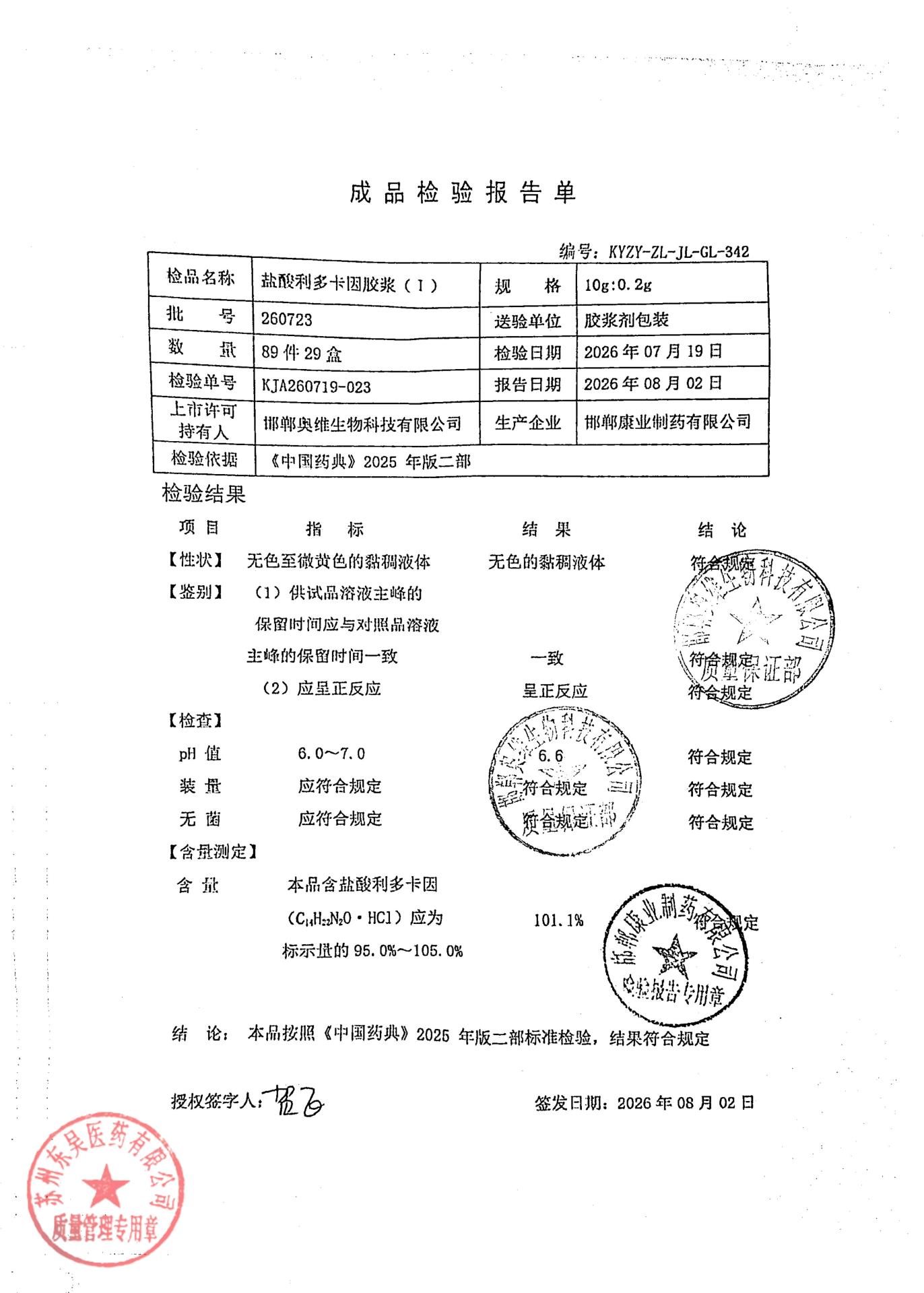 260723盐酸利多卡因胶浆（I）