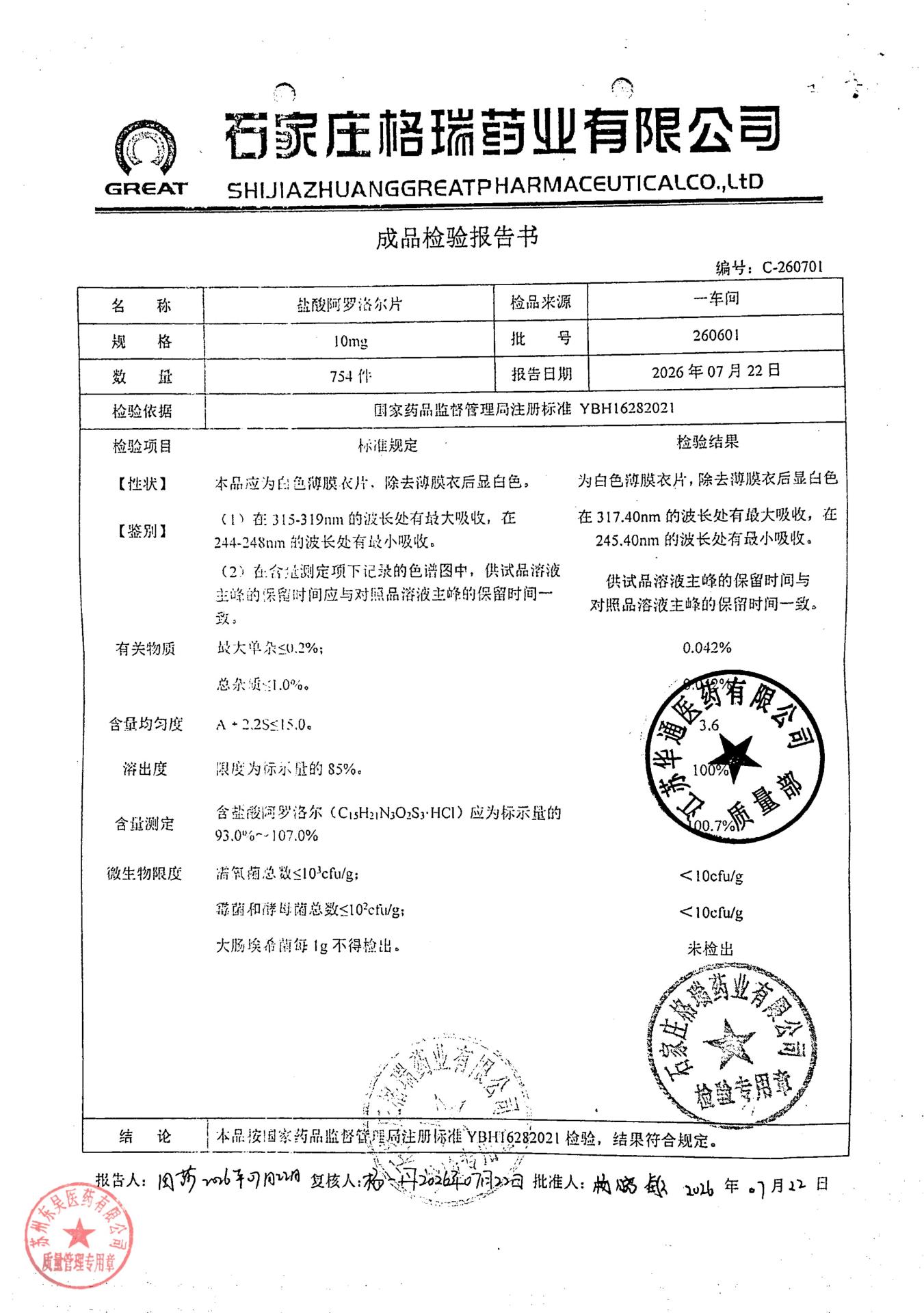 260601盐酸阿罗洛尔片