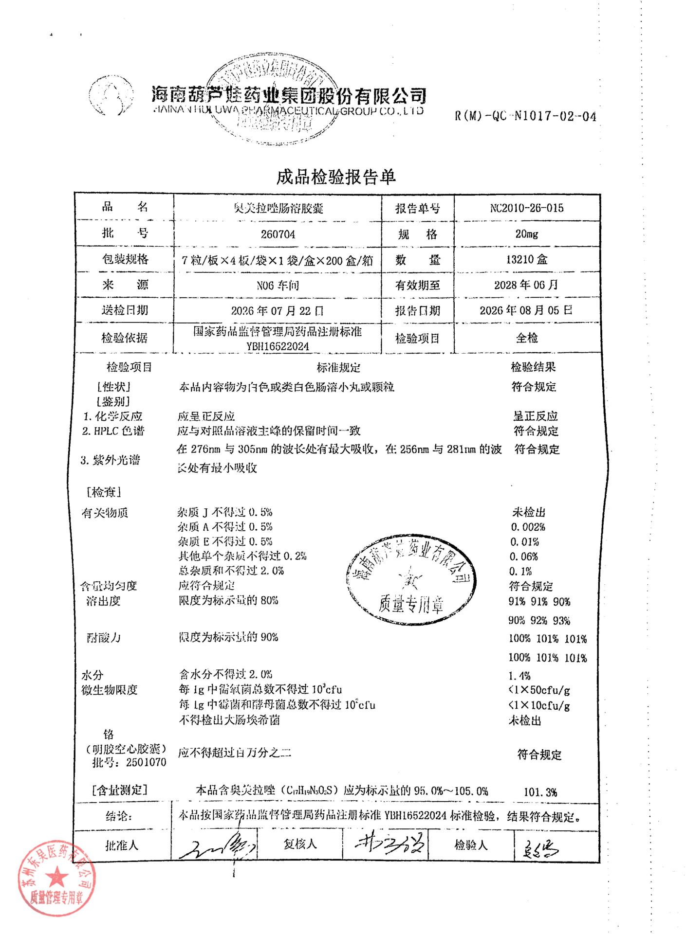 260704奥美拉唑肠溶胶囊