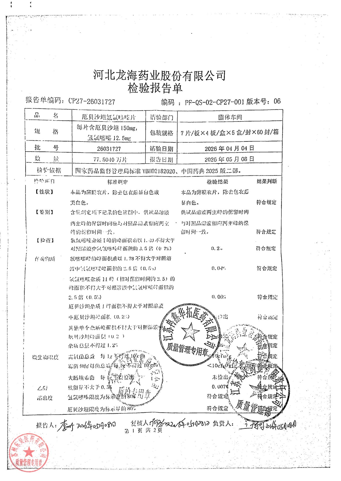26031727厄贝沙坦氢氯噻嗪片1