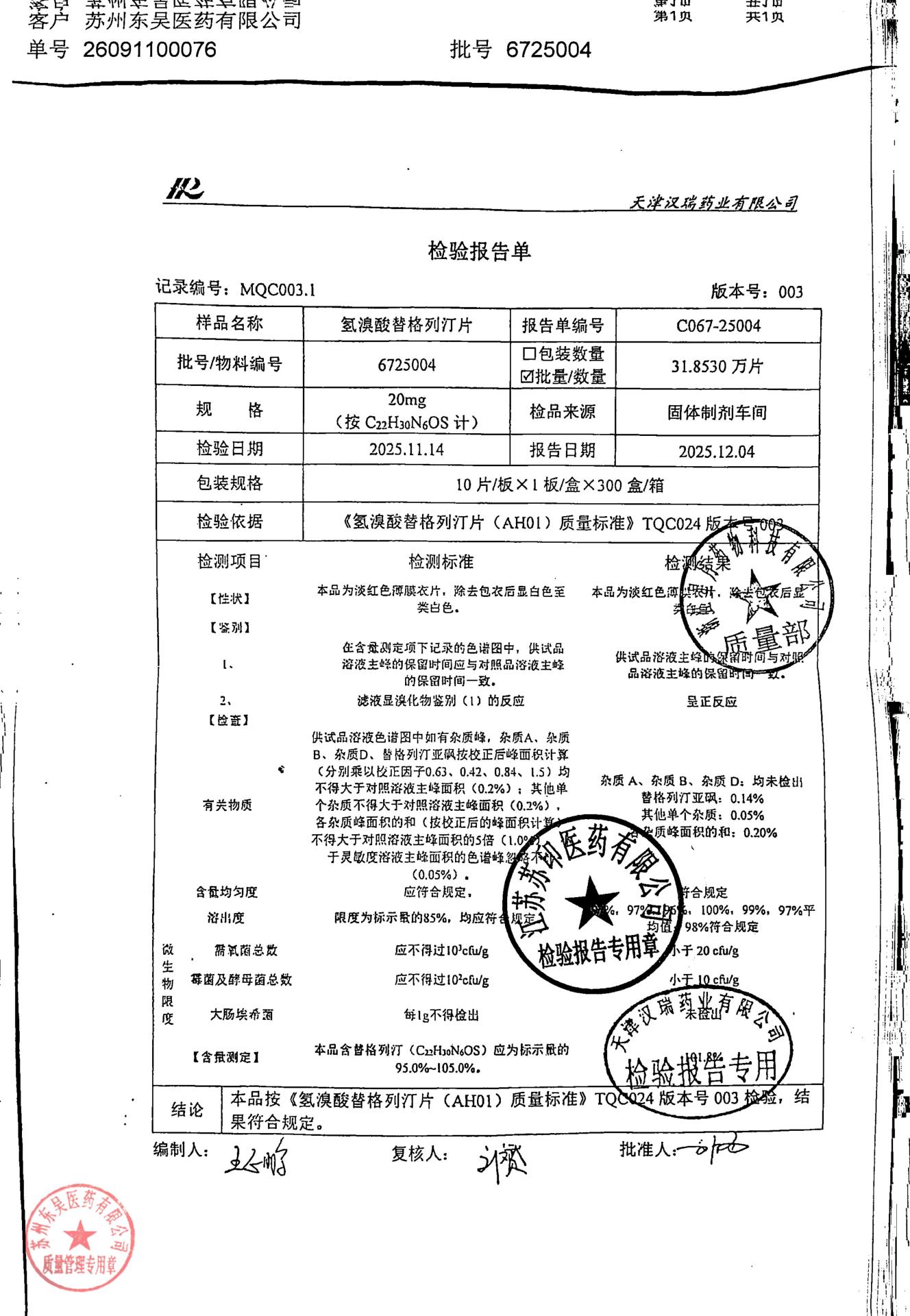 6725004氢溴酸替格列汀片