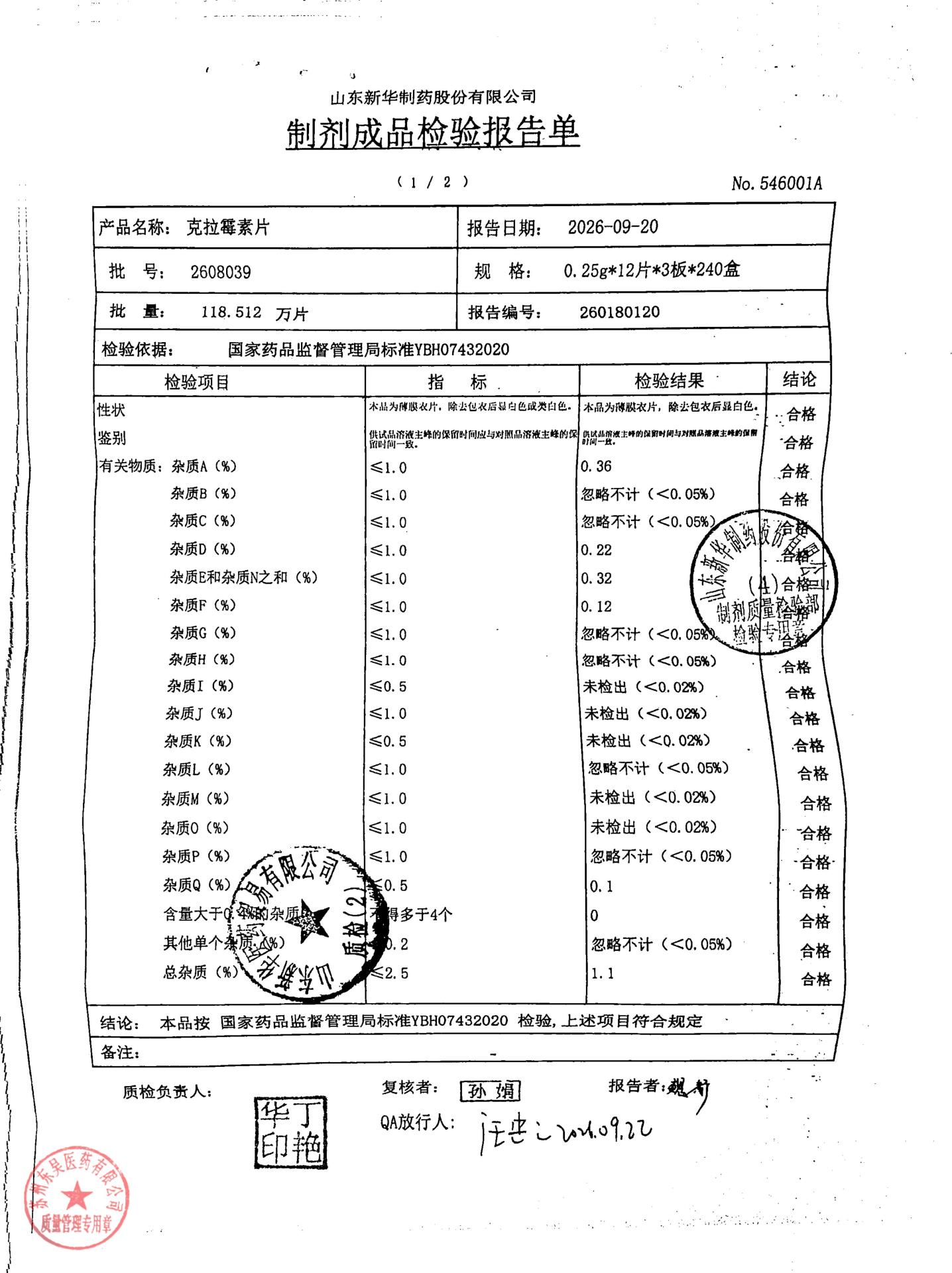 2608039克拉霉素片1