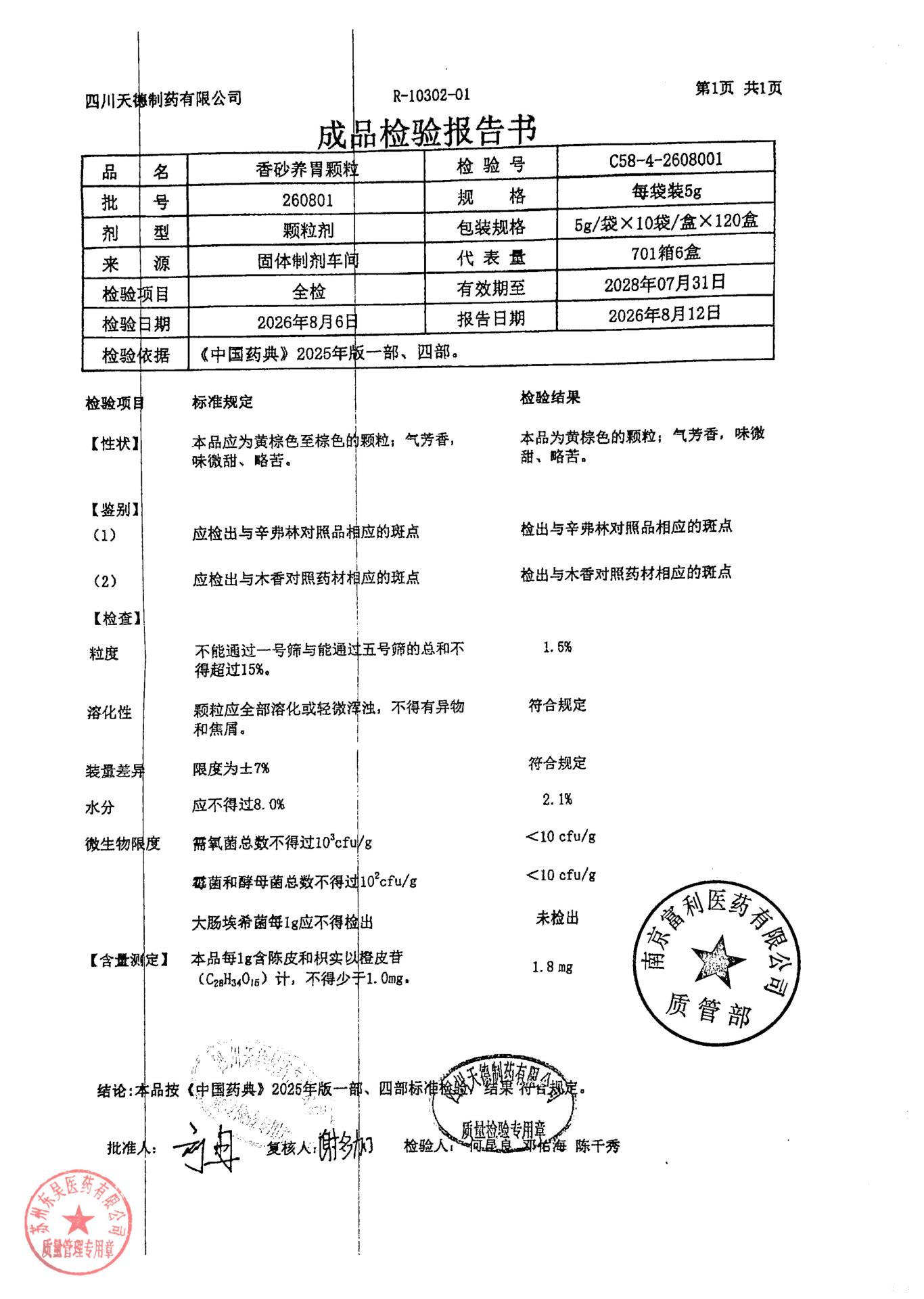 260801香砂养胃颗粒