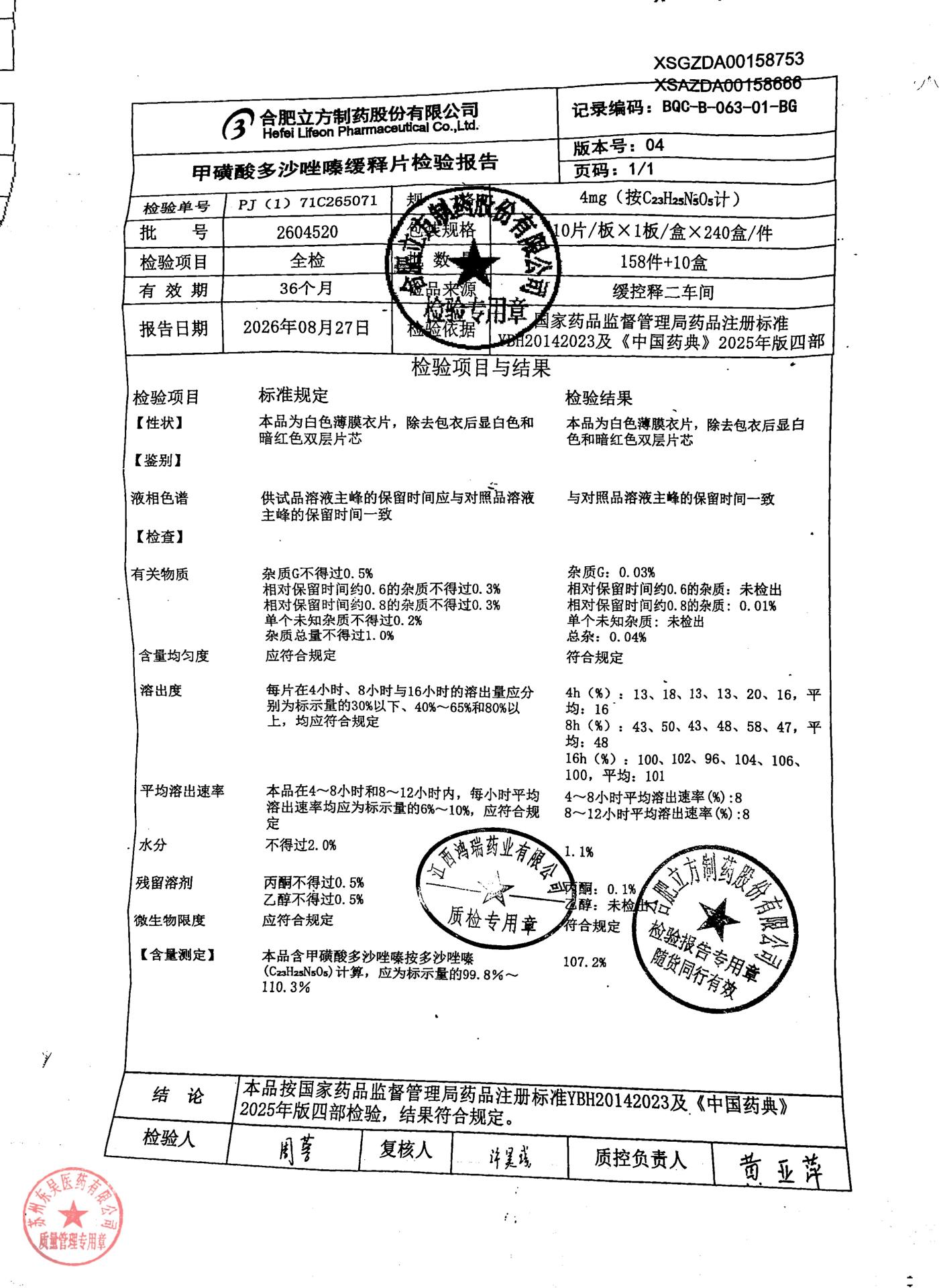 2604520甲磺酸多沙唑嗪缓释片